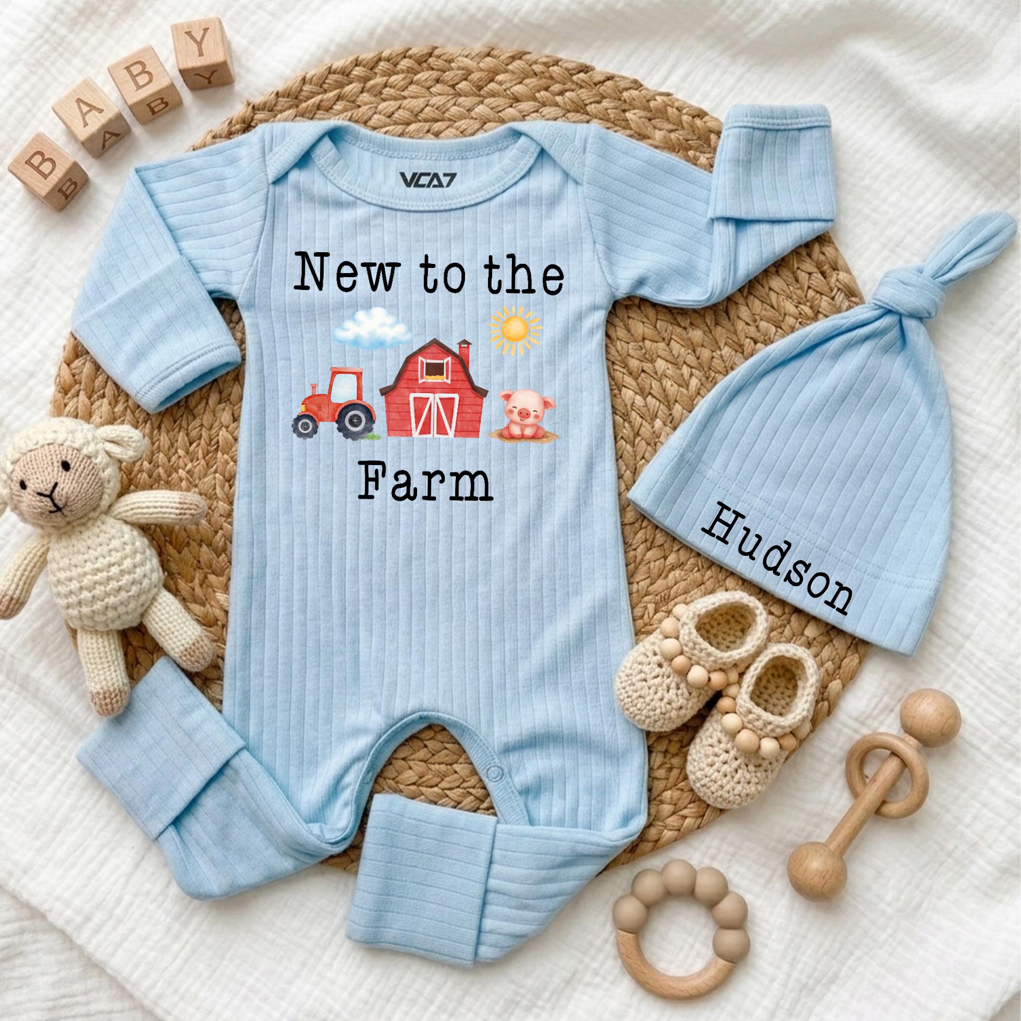 Personalized New to the Farm Baby Bodysuit and Hat Set, Soft Cotton Tractor and Barn Design, Baby Shower Gift, Newborn Coming Home Outfit