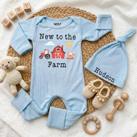 Personalized New to the Farm Baby Bodysuit and Hat Set, Soft Cotton Tractor and Barn Design, Baby Shower Gift, Newborn Coming Home Outfit