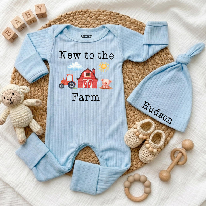 Personalized New to the Farm Baby Bodysuit and Hat Set, Soft Cotton Tractor and Barn Design, Baby Shower Gift, Newborn Coming Home Outfit
