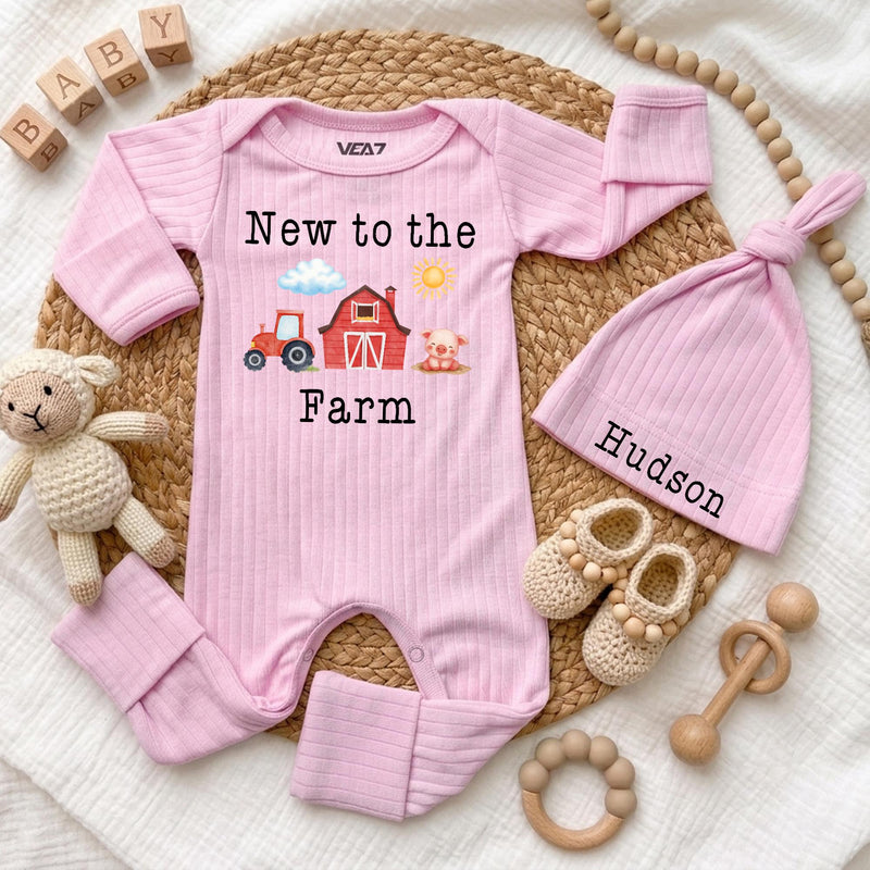 Personalized New to the Farm Baby Bodysuit and Hat Set, Soft Cotton Tractor and Barn Design, Baby Shower Gift, Newborn Coming Home Outfit