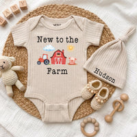 Personalized New to the Farm Baby Bodysuit and Hat Set, Soft Cotton Tractor and Barn Design, Baby Shower Gift, Newborn Coming Home Outfit