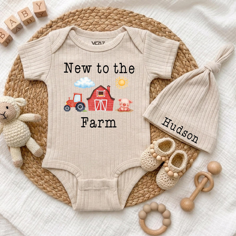 Personalized New to the Farm Baby Bodysuit and Hat Set, Soft Cotton Tractor and Barn Design, Baby Shower Gift, Newborn Coming Home Outfit