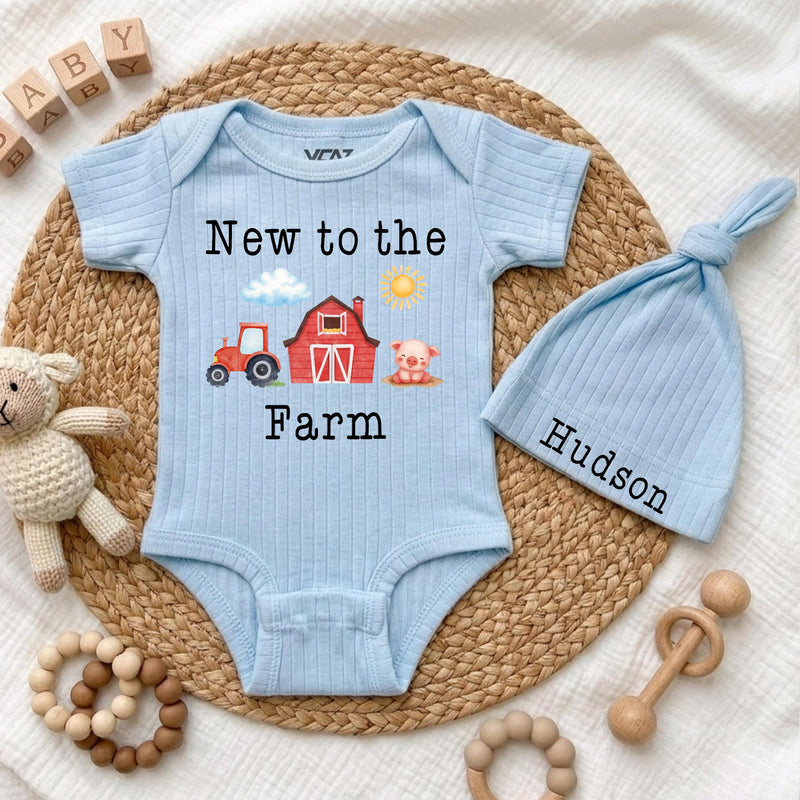 Personalized New to the Farm Baby Bodysuit and Hat Set, Soft Cotton Tractor and Barn Design, Baby Shower Gift, Newborn Coming Home Outfit