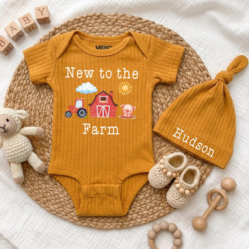 Personalized New to the Farm Baby Bodysuit and Hat Set, Soft Cotton Tractor and Barn Design, Baby Shower Gift, Newborn Coming Home Outfit