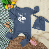 Personalized New to the Farm Baby Bodysuit with Tractor Design, Custom Name Hat, Soft Cotton Newborn Outfit, Farm Baby Shower Gift