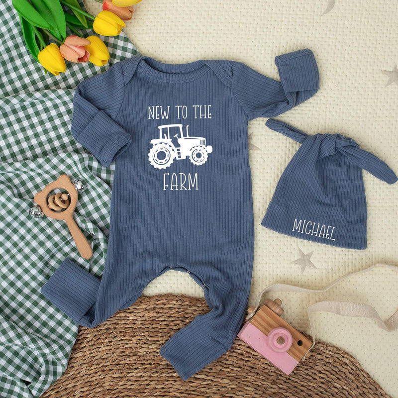 Personalized New to the Farm Baby Bodysuit with Tractor Design, Custom Name Hat, Soft Cotton Newborn Outfit, Farm Baby Shower Gift