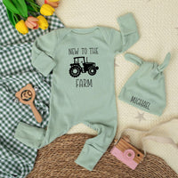 Personalized New to the Farm Baby Bodysuit with Tractor Design, Custom Name Hat, Soft Cotton Newborn Outfit, Farm Baby Shower Gift
