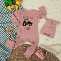 Personalized New to the Farm Baby Bodysuit with Tractor Design, Custom Name Hat, Soft Cotton Newborn Outfit, Farm Baby Shower Gift