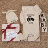 Personalized New to the Farm Baby Bodysuit with Tractor Design, Custom Name Hat, Soft Cotton Newborn Outfit, Farm Baby Shower Gift