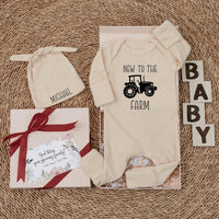 Personalized New to the Farm Baby Bodysuit with Tractor Design, Custom Name Hat, Soft Cotton Newborn Outfit, Farm Baby Shower Gift