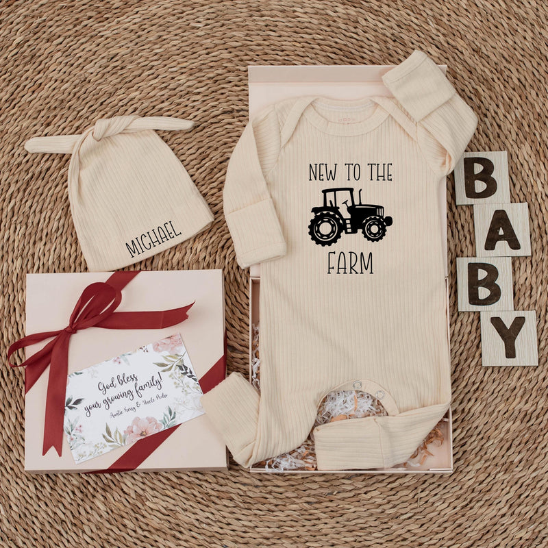 Personalized New to the Farm Baby Bodysuit with Tractor Design, Custom Name Hat, Soft Cotton Newborn Outfit, Farm Baby Shower Gift