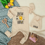 Personalized New To The Hive Baby Bodysuit and Hat Set, Cute Bee Artwork, Soft Cotton Newborn Outfit, Ideal Baby Shower Gift