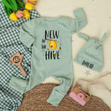 Personalized New To The Hive Baby Bodysuit and Hat Set, Cute Bee Artwork, Soft Cotton Newborn Outfit, Ideal Baby Shower Gift