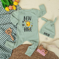 Personalized New To The Hive Baby Bodysuit and Hat Set, Cute Bee Artwork, Soft Cotton Newborn Outfit, Ideal Baby Shower Gift