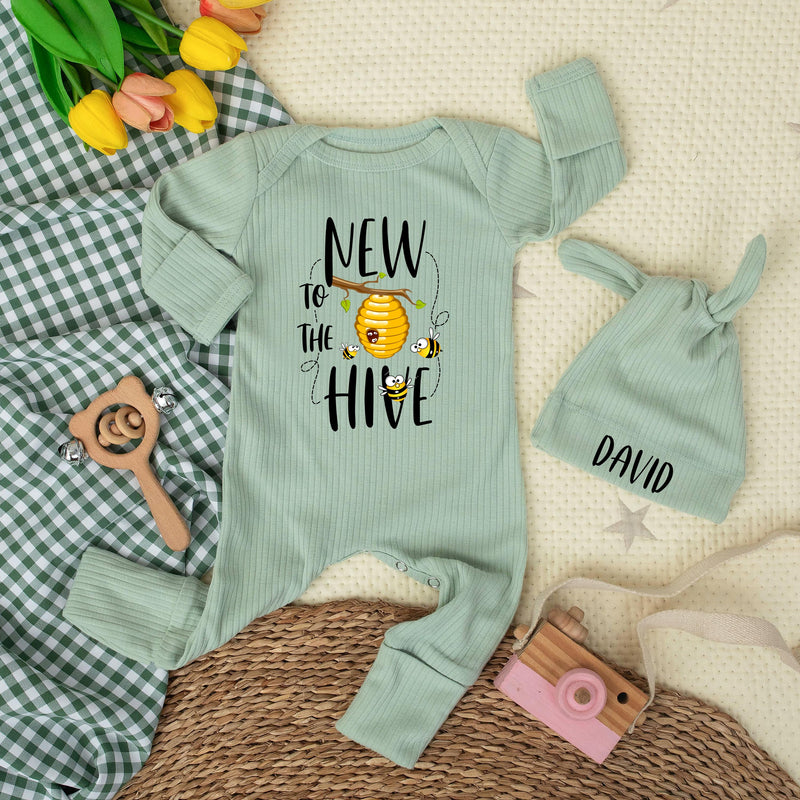 Personalized New To The Hive Baby Bodysuit and Hat Set, Cute Bee Artwork, Soft Cotton Newborn Outfit, Ideal Baby Shower Gift