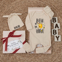 Personalized New To The Hive Baby Bodysuit and Hat Set, Cute Bee Artwork, Soft Cotton Newborn Outfit, Ideal Baby Shower Gift