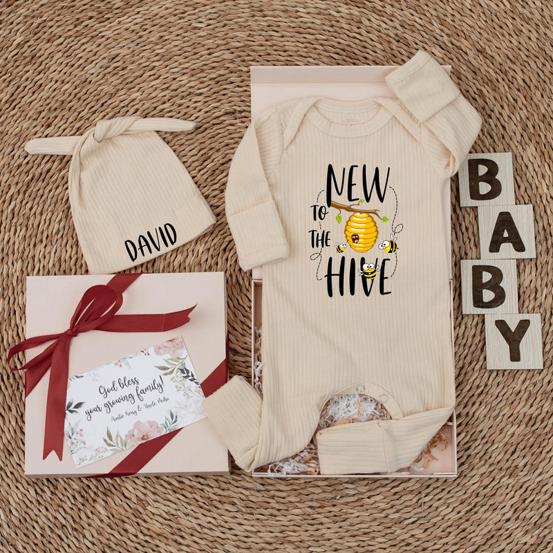 Personalized New To The Hive Baby Bodysuit and Hat Set, Cute Bee Artwork, Soft Cotton Newborn Outfit, Ideal Baby Shower Gift