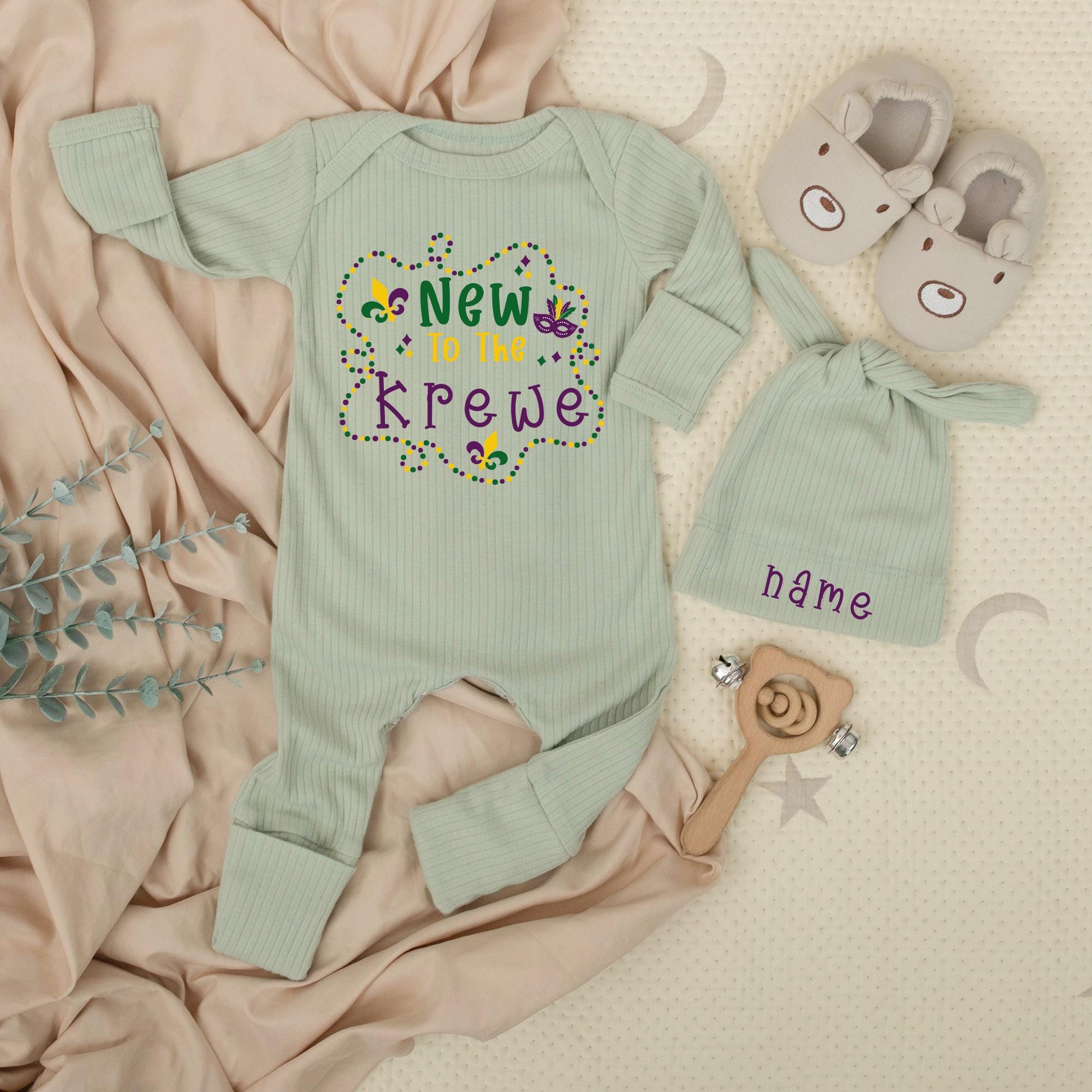 Personalized New To The Krewe Baby Bodysuit with Mardi Gras Beads and Mask Design Cute Newborn Outfit Perfect Baby Shower Gift