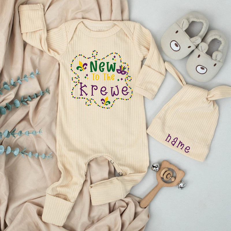 Personalized New To The Krewe Baby Bodysuit with Mardi Gras Beads and Mask Design Cute Newborn Outfit Perfect Baby Shower Gift