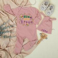 Personalized New To The Krewe Baby Bodysuit with Mardi Gras Beads and Mask Design Cute Newborn Outfit Perfect Baby Shower Gift