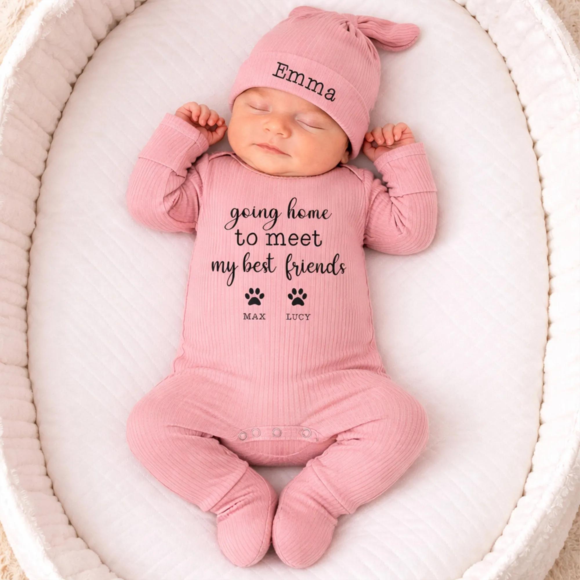 Personalized Newborn Baby Bodysuit with Dog Lover Design Going Home Outfit Custom Paw Prints Names Hat Gift for Dog Moms or Baby Shower