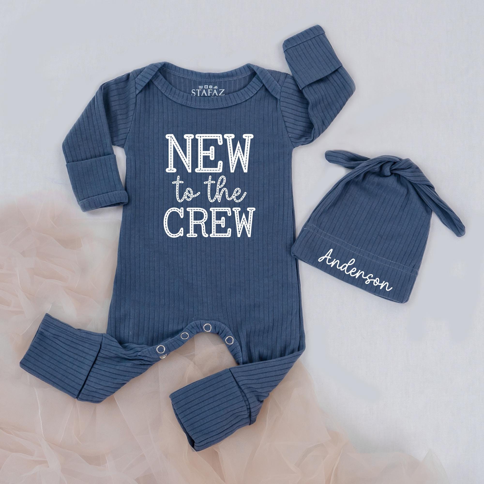 Personalized Newborn Baby Bodysuit & Hat Set - 'New to the Crew' Text, Custom Name, Soft Cotton Outfit for Baby Boy Coming Home or Shower Gift