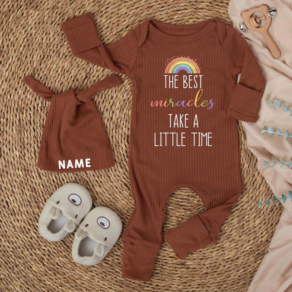 Personalized Newborn Baby Outfit with Rainbow and Name Hat Sweet Pastel Design, The Best Miracles Take a Little Time Gift Romper