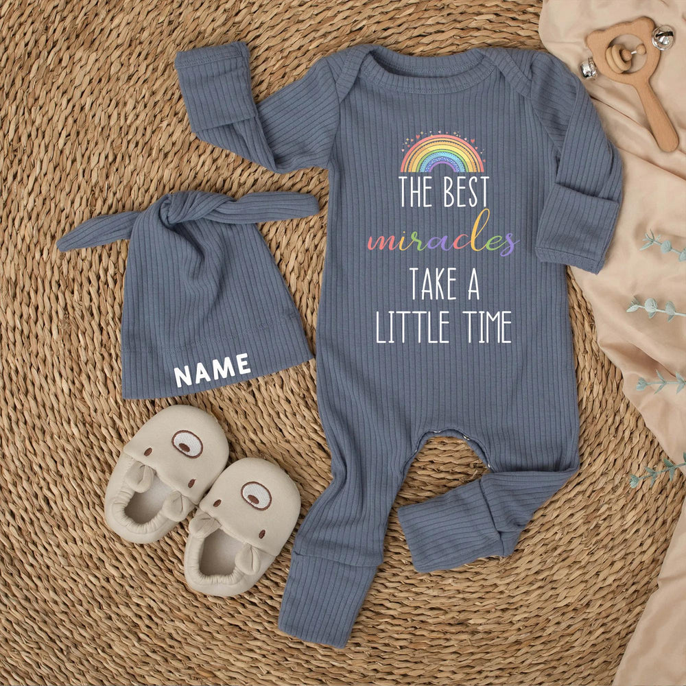 Personalized Newborn Baby Outfit with Rainbow and Name Hat Sweet Pastel Design, The Best Miracles Take a Little Time Gift Romper