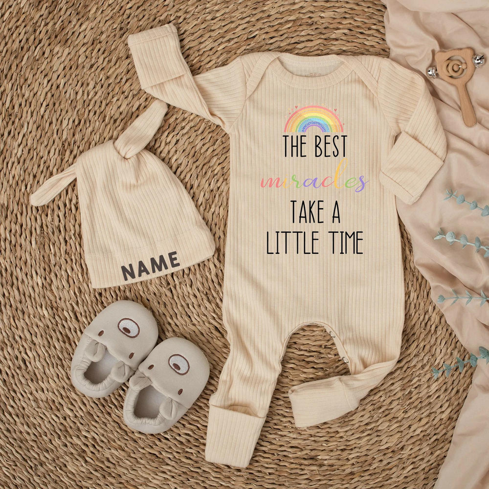 Personalized Newborn Baby Outfit with Rainbow and Name Hat Sweet Pastel Design, The Best Miracles Take a Little Time Gift Romper