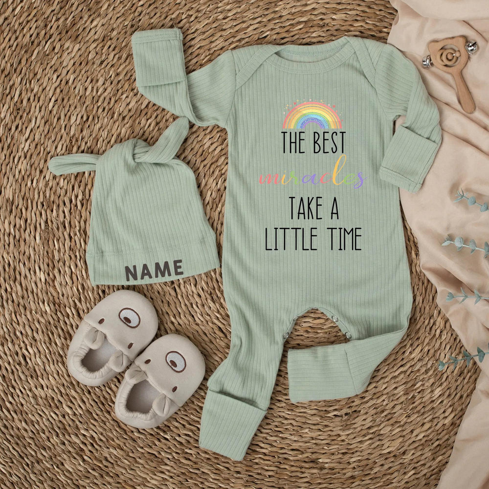 Personalized Newborn Baby Outfit with Rainbow and Name Hat Sweet Pastel Design, The Best Miracles Take a Little Time Gift Romper