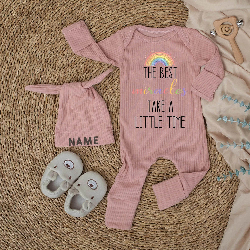 Personalized Newborn Baby Outfit with Rainbow and Name Hat Sweet Pastel Design, The Best Miracles Take a Little Time Gift Romper
