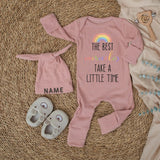 Personalized Newborn Baby Outfit with Rainbow and Name Hat Sweet Pastel Design, The Best Miracles Take a Little Time Gift Romper