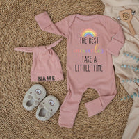 Personalized Newborn Baby Outfit with Rainbow and Name Hat Sweet Pastel Design, The Best Miracles Take a Little Time Gift Romper