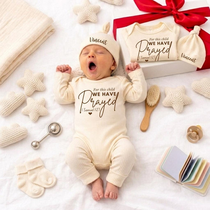 Personalized Newborn Gift Box with For This Child We Have Prayed Bodysuit, Neutral IVF Baby Outfit, Custom Name Hat, Sentimental Keepsake