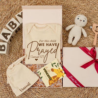 Personalized Newborn Gift Box with For This Child We Have Prayed Bodysuit, Neutral IVF Baby Outfit, Custom Name Hat, Sentimental Keepsake