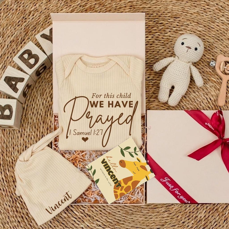 Personalized Newborn Gift Box with For This Child We Have Prayed Bodysuit, Neutral IVF Baby Outfit, Custom Name Hat, Sentimental Keepsake