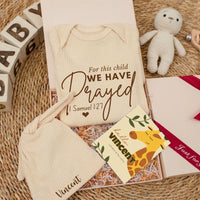 Personalized Newborn Gift Box with For This Child We Have Prayed Bodysuit, Neutral IVF Baby Outfit, Custom Name Hat, Sentimental Keepsake