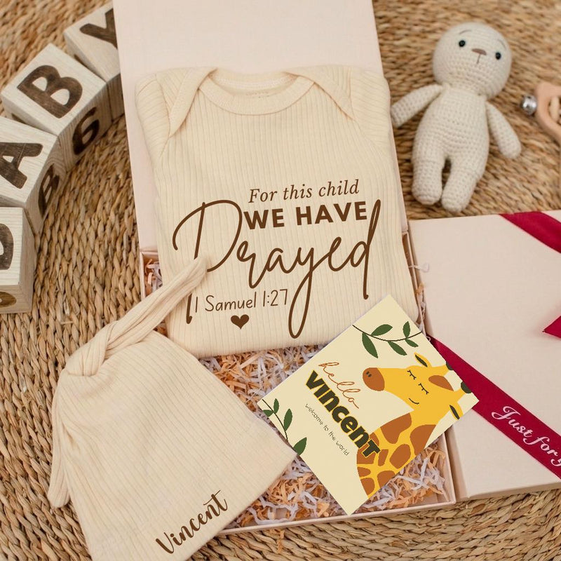 Personalized Newborn Gift Box with For This Child We Have Prayed Bodysuit, Neutral IVF Baby Outfit, Custom Name Hat, Sentimental Keepsake