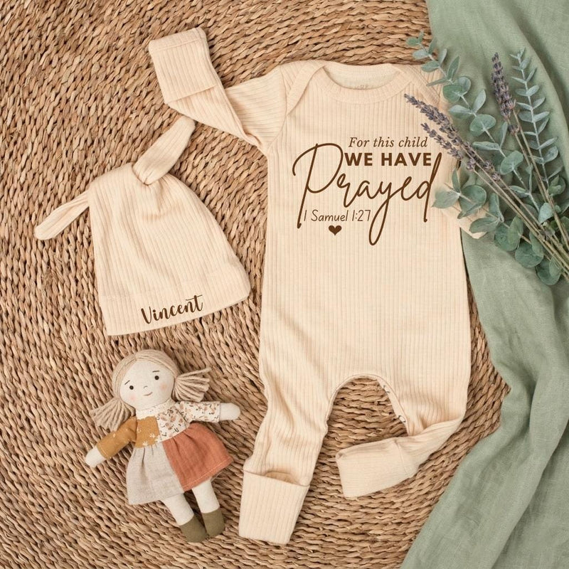Personalized Newborn Gift Box with For This Child We Have Prayed Bodysuit, Neutral IVF Baby Outfit, Custom Name Hat, Sentimental Keepsake