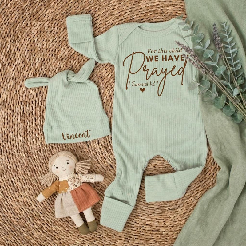 Personalized Newborn Gift Box with For This Child We Have Prayed Bodysuit, Neutral IVF Baby Outfit, Custom Name Hat, Sentimental Keepsake