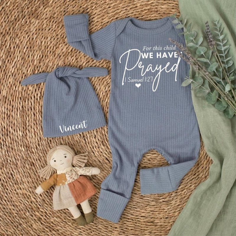 Personalized Newborn Gift Box with For This Child We Have Prayed Bodysuit, Neutral IVF Baby Outfit, Custom Name Hat, Sentimental Keepsake