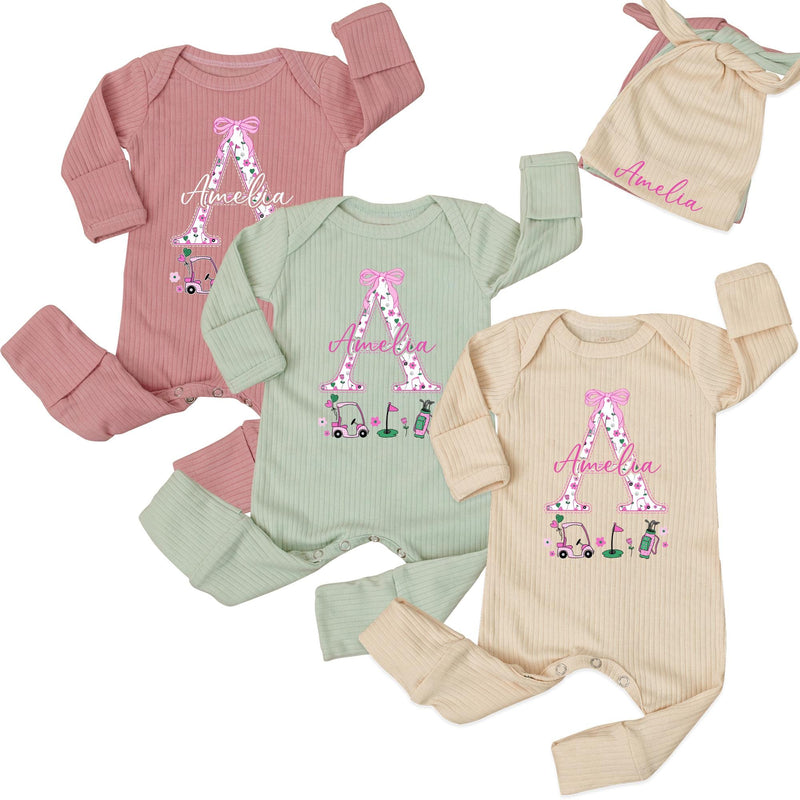 Personalized Newborn Girl Golf Baby Bodysuit with Floral Monogram A and Pink Bow Custom Name Outfit Perfect Coming Home Gift