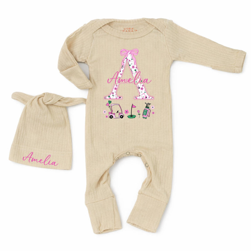 Personalized Newborn Girl Golf Baby Bodysuit with Floral Monogram A and Pink Bow Custom Name Outfit Perfect Coming Home Gift