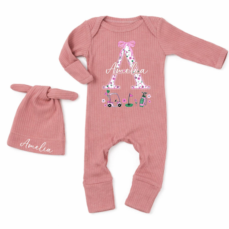 Personalized Newborn Girl Golf Baby Bodysuit with Floral Monogram A and Pink Bow Custom Name Outfit Perfect Coming Home Gift