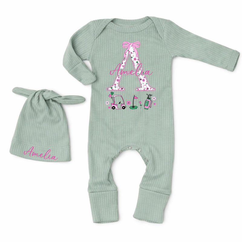 Personalized Newborn Girl Golf Baby Bodysuit with Floral Monogram A and Pink Bow Custom Name Outfit Perfect Coming Home Gift