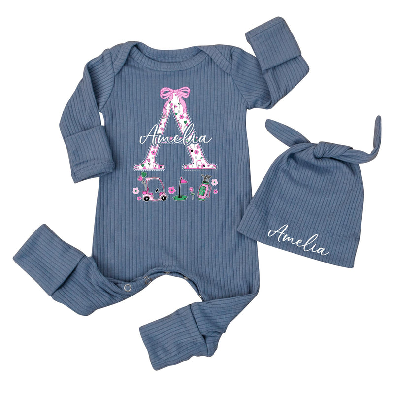 Personalized Newborn Girl Golf Baby Bodysuit with Floral Monogram A and Pink Bow Custom Name Outfit Perfect Coming Home Gift