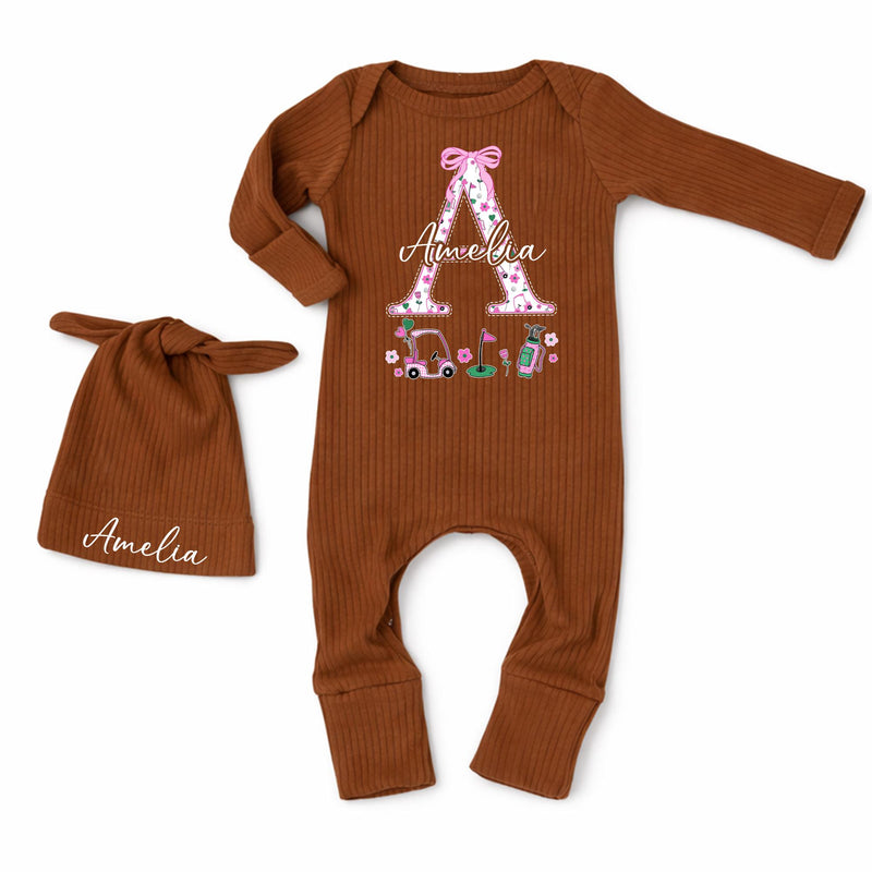Personalized Newborn Girl Golf Baby Bodysuit with Floral Monogram A and Pink Bow Custom Name Outfit Perfect Coming Home Gift
