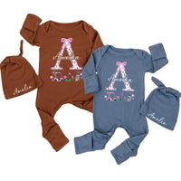 Personalized Newborn Girl Golf Baby Bodysuit with Floral Monogram A and Pink Bow Custom Name Outfit Perfect Coming Home Gift