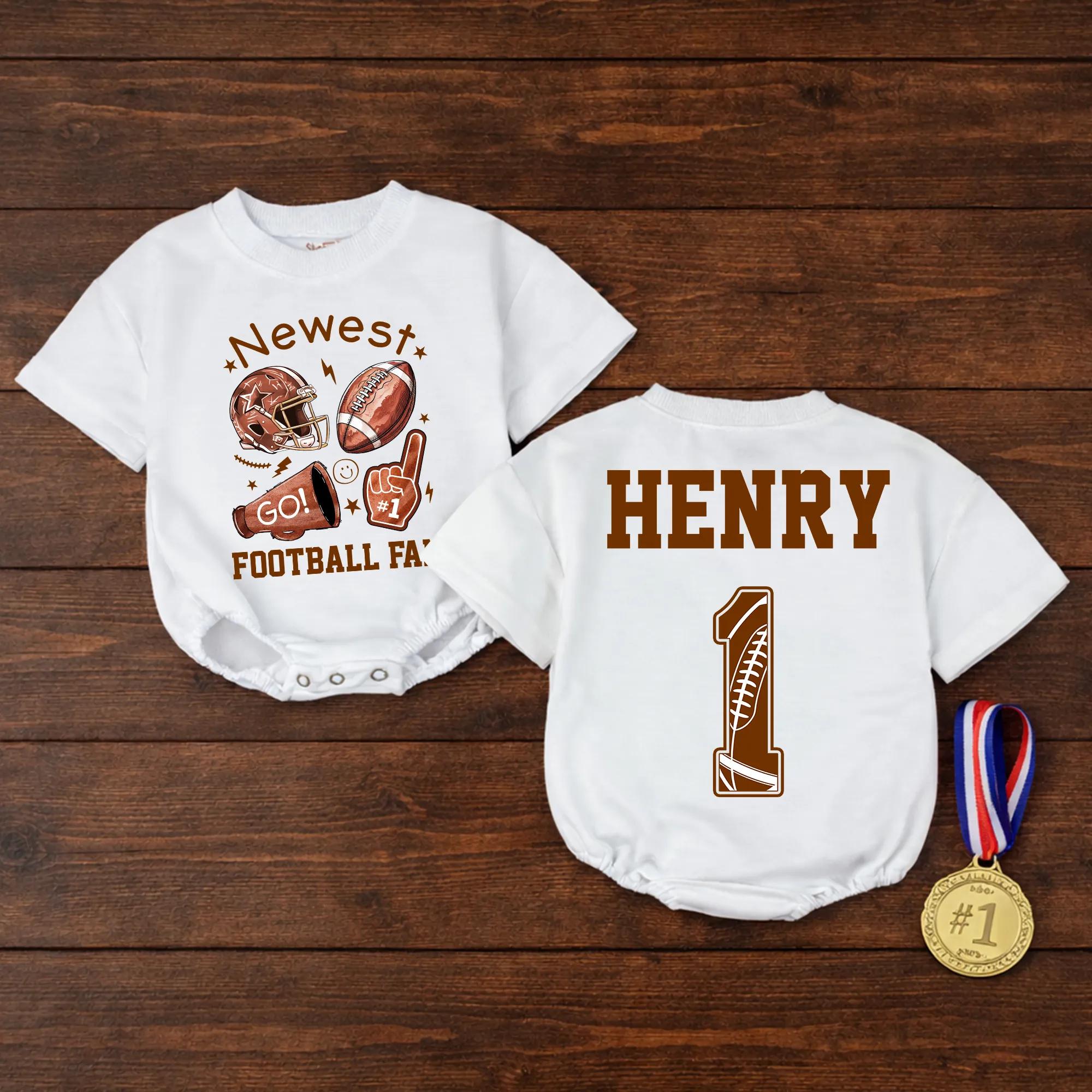 Personalized Newest Football Fan Baby Romper with Name & Number, Custom Game Day Outfit for Newborns, Soft Cotton Long Sleeve Gift