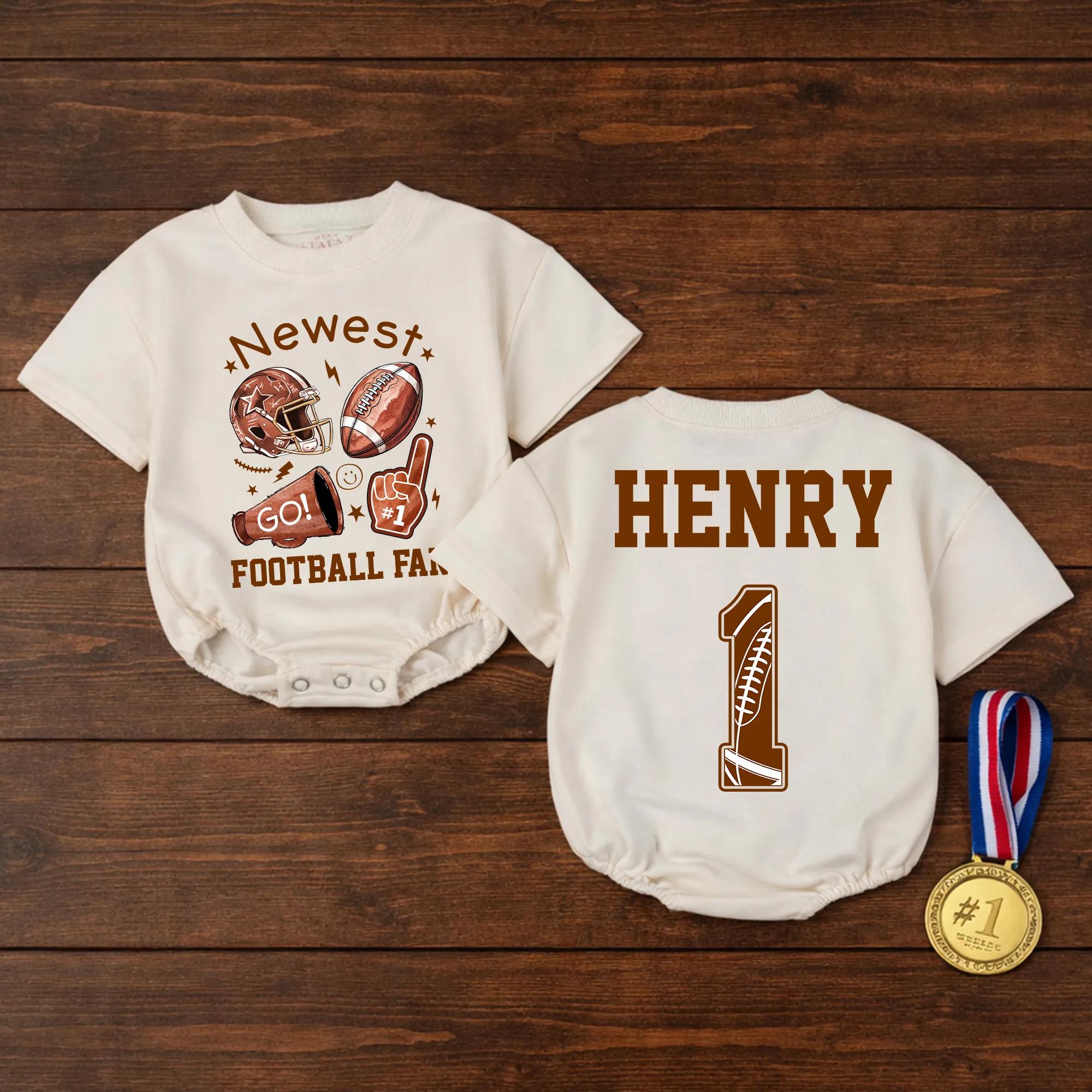Personalized Newest Football Fan Baby Romper with Name & Number, Custom Game Day Outfit for Newborns, Soft Cotton Long Sleeve Gift